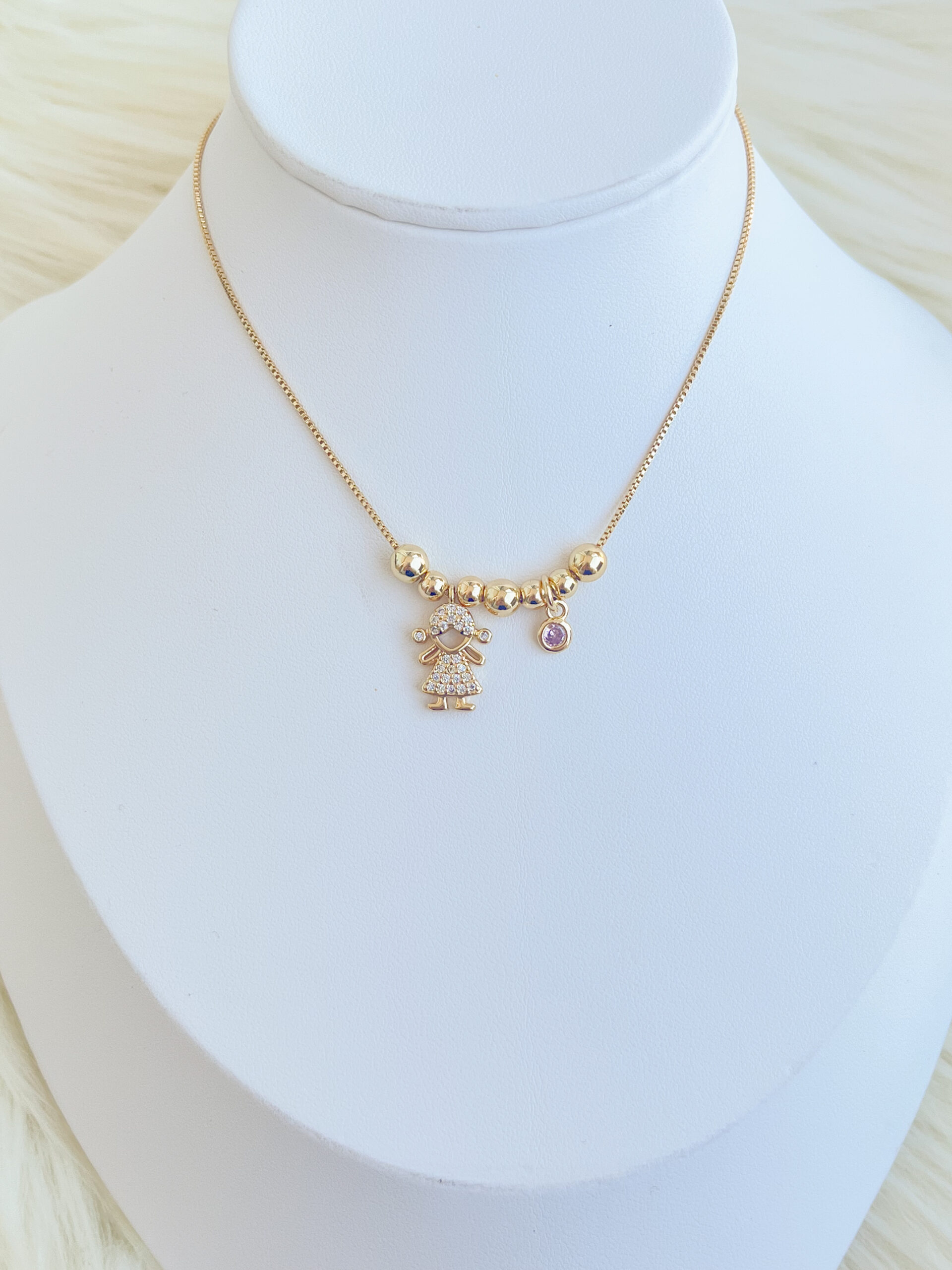 Cadena Niña y mini cristal rosado